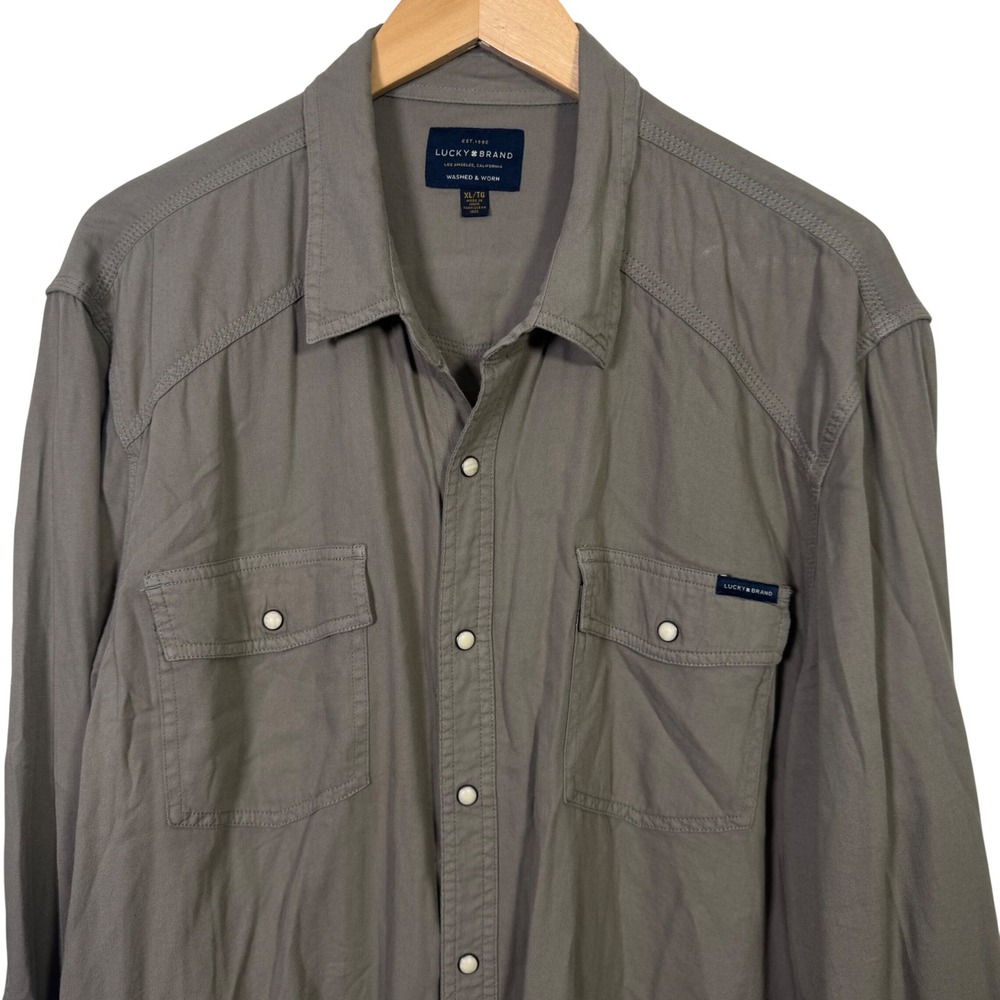 Lucky Brand Mens XL‎ Long Sleeve Button Down Shirt Olive Green Soft Pearl Snap